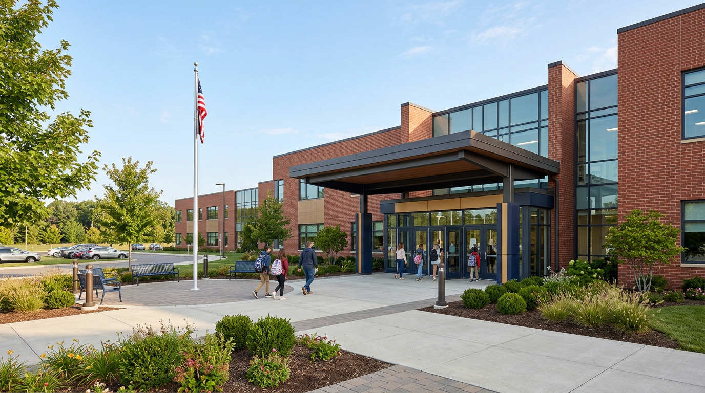 Students walking toward a modern brick school entrance with an American flag